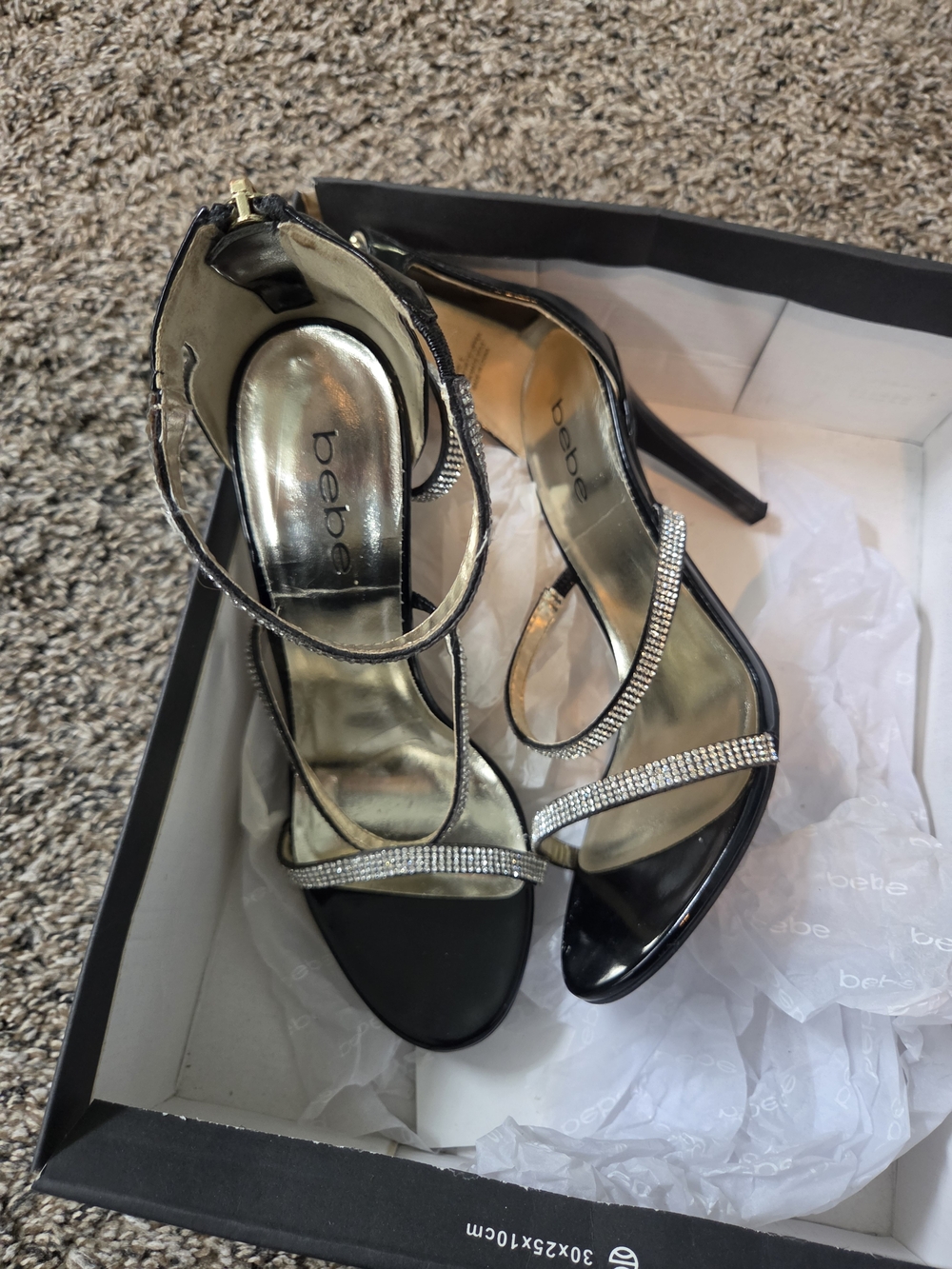 bebe Black Strappy Rhinestone High Heel Sandals - Picture 2 of 9